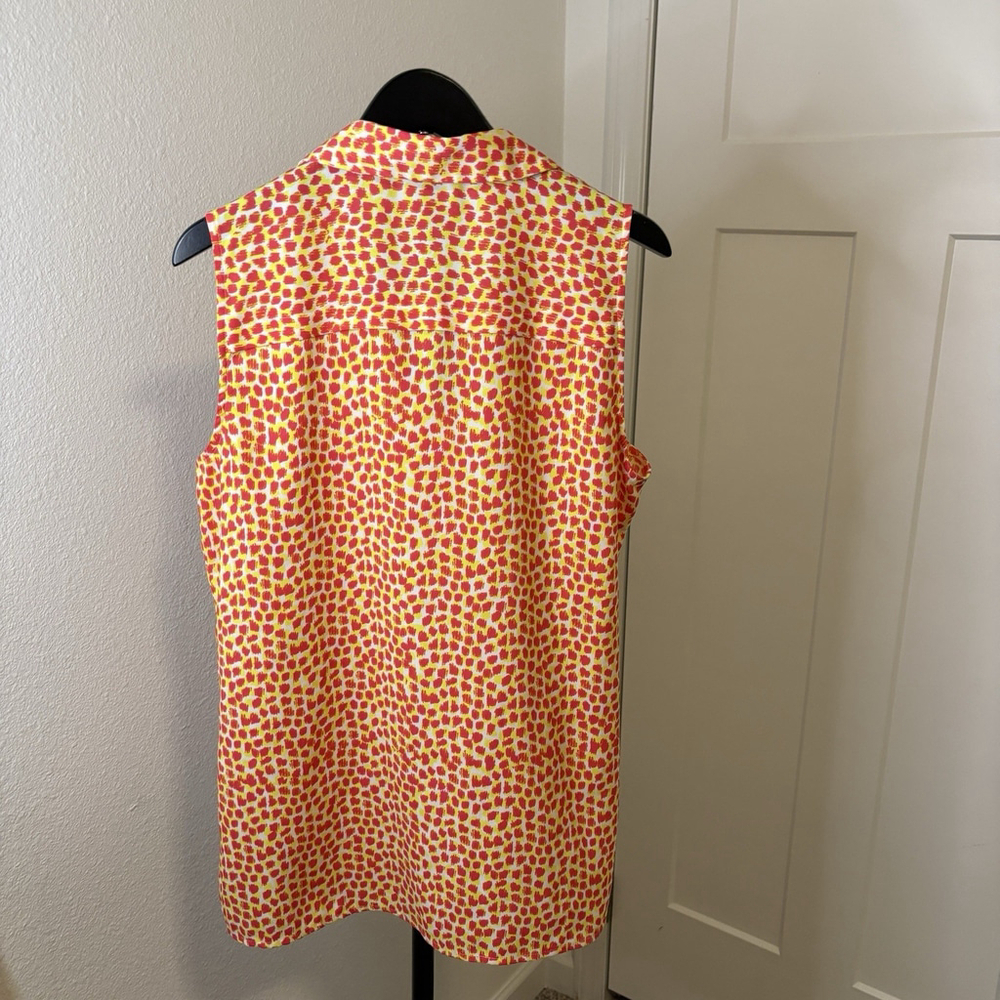Ann Taylor Sleeveless Medium Yellow Red Print Collared Pocket Top Casual Bright - Picture 2 of 8